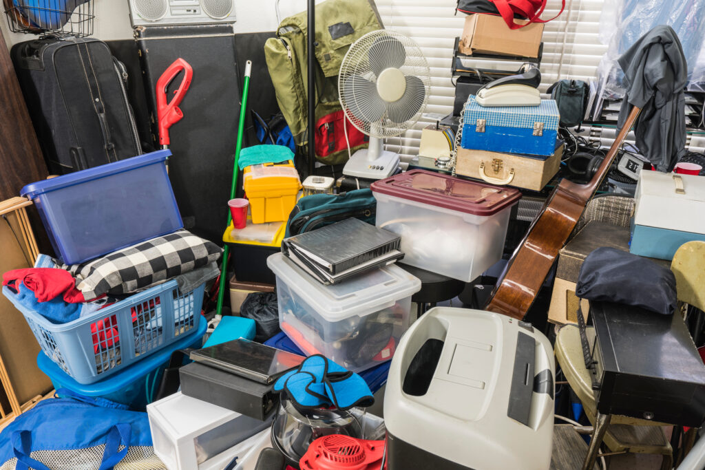 home of a hoarder with random clutter stack on top of each other